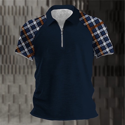 

Men's Collar Polo Shirt Golf Shirt Plaid Turndown Navy Blue 3D Print Outdoor Street Short Sleeves Zipper Print Clothing Apparel Fashion Designer Casual Breathable / Summer / Spring / Summer