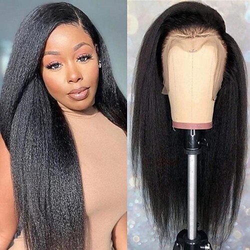 

Brazilian Hair Yaki Straight Natural Side Part Soft Yaki Breathable 150 Density Short Bob Kinky Straight Wigs Natural Black 13x6 Lace Front Wig For Women