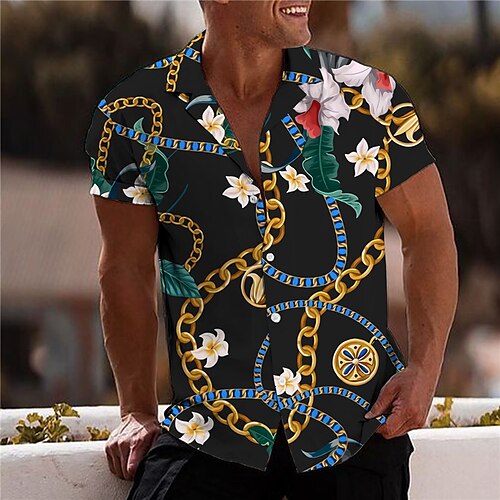 

Men's Shirt 3D Print Floral Chains Print Turndown Street Casual Button-Down Print Short Sleeve Tops Designer Casual Fashion Breathable Black / Summer / Spring / Summer
