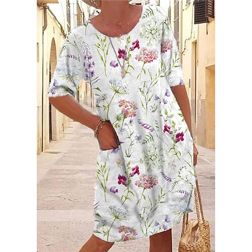 

Mulheres Vestido de turno Verde Rosa Luz Vermelha Meia Manga Floral Bolsos Primavera Verão Gola Redonda Moda 2022 XS S M L XL XXL 3XL 4XL 5XL 6XL