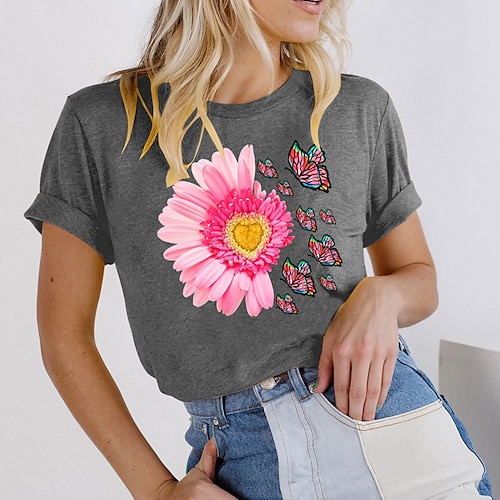 

Women's T shirt Tee Basic Print Butterfly Flower / Floral Basic Round Neck T-shirt Sleeve Standard Summer pea green Dark Red Yellow Dark Blue Dark Gray