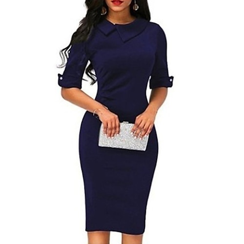 

Mujer Corte Bodycon Vestido tubo vestido de la iglesia Vestido Midi Negro Vino Verde Trébol Media Manga Color puro Botón Verano Primavera Cuello Barco Elegante Delgado 2023 S M L XL XXL