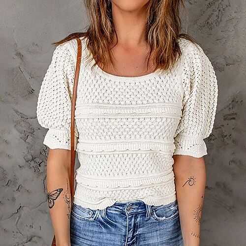 

Women's Pullover Sweater Jumper Crochet Knit Knitted Pure Color Crew Neck Stylish Casual Daily Going out Spring Summer White S M L / Regular Fit