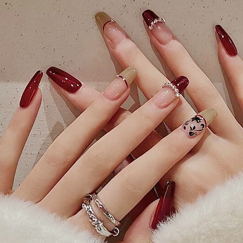 

Fingernail Wine Red Pearl Dot Diamond Nail Stickers Europe and the United States Ultra-thin Long Transparent Wear Fake Nails