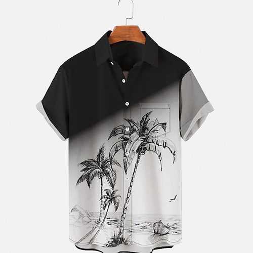 

Men's Shirt Graphic Shirt Coconut Tree Turndown Black 3D Print Street Daily Short Sleeve 3D Button-Down Clothing Apparel Fashion Designer Casual Breathable / Beach