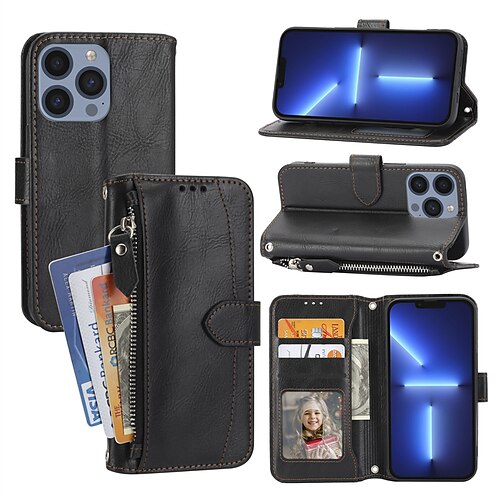 

Phone Case For Apple Wallet Card iPhone 13 Pro Max 12 11 SE 2022 X XR XS Max 8 7 Wallet Zipper with Phone Strap Lines / Waves Solid Colored PC PU Leather