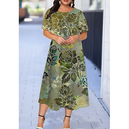 

Women's Plus Size Curve Shift Dress Floral Round Neck Short Sleeve Spring Summer Casual Maxi long Dress Causal Daily Dress / Graphic Patterned / 3D Print