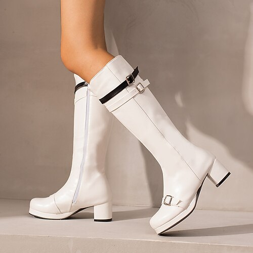 

Women's Boots Knee High Boots Buckle Chunky Heel Round Toe Minimalism Daily PU Leather Zipper Fall Winter Color Block White Black Green