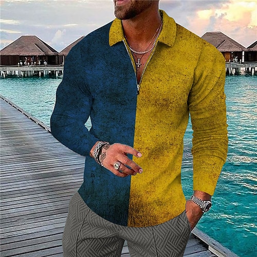 

Men's Collar Polo Shirt Golf Shirt Color Block Turndown Blue 3D Print Outdoor Street Long Sleeve Zipper Print Clothing Apparel Fashion Designer Casual Breathable / Summer / Spring / Summer