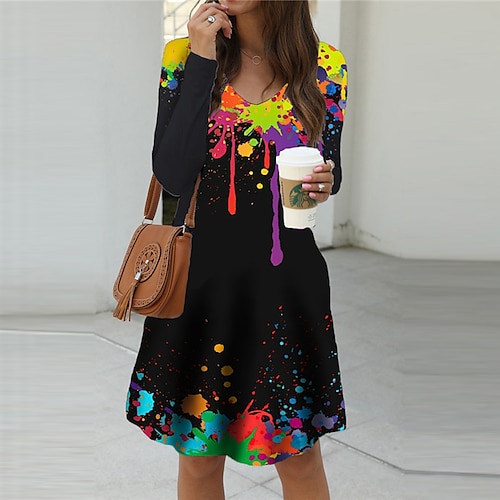 

Women's Shift Dress Short Mini Dress Black Long Sleeve Color Gradient Pocket Print Fall Spring V Neck Casual 2022 S M L XL XXL 3XL