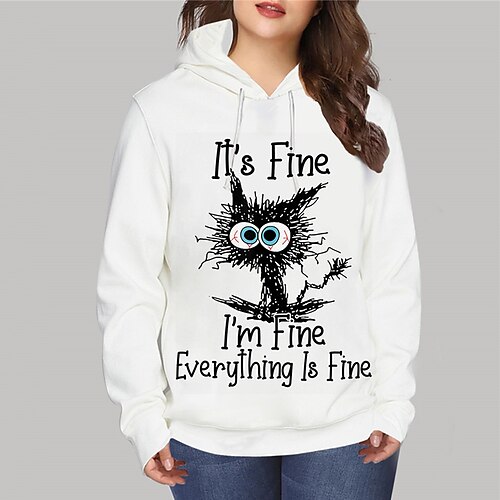 

Women's Plus Size Tops Hoodie Sweatshirt Animal Cat Print Long Sleeve Hooded Streetwear Daily Vacation Polyester Fall Winter White