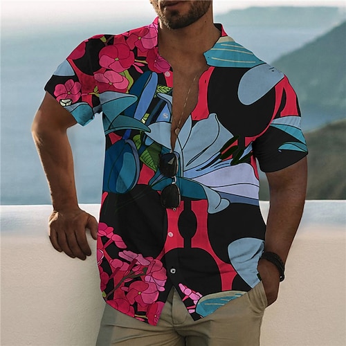 

Men's Shirt 3D Print Floral Stand Collar Casual Daily Button-Down Print Short Sleeve Tops Designer Casual Fashion Comfortable Black