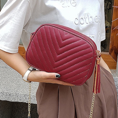 

embroidery thread rhombus messenger bag tassel female bag trend pu soft surface chain shoulder bag small square bag