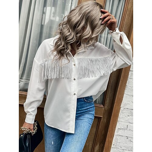 

Women's Blouse Plain Daily Weekend Blouse Shirt Long Sleeve Tassel Shirt Collar Casual Streetwear White S