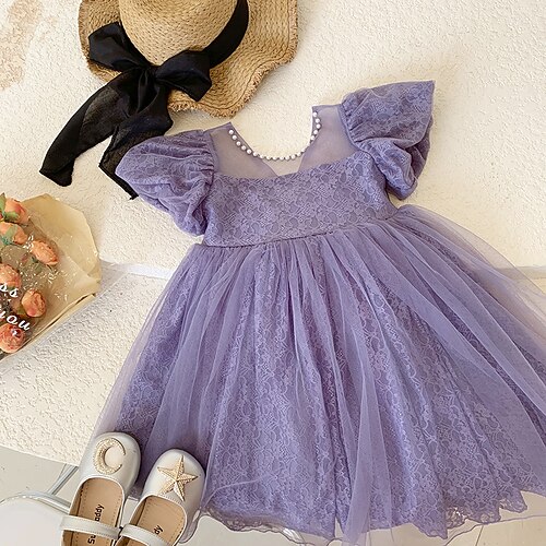 

Kids Little Girls' Dress Solid Colored A Line Dress Party Performance Bow Purple Asymmetrical Short Sleeve Princess Cute Dresses Spring Summer Regular Fit 3-10 Years