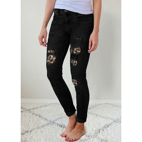 

Women's Pants Trousers Jeans Denim Blue Black Mid Waist Fashion Casual Weekend Side Pockets Cut Out Micro-elastic Full Length Comfort Leopard S M L XL XXL / Slim / Print