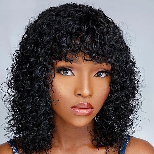 

Afro Curly Wig Human Hair Full Wig 100% Real Hair Afro Curls Wigs For Black Highlight Women Water Wave Short Black Curls Machine Wig