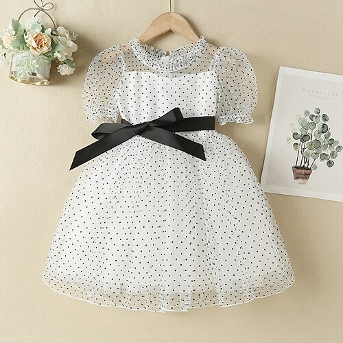 

Toddler Little Girls' Dress Polka Dot White Above Knee Short Sleeve Cute Dresses Summer Regular Fit 1 PC 2-6 Years