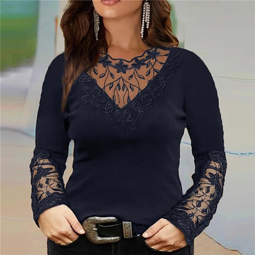 

Women's Plus Size Tops Blouse Shirt Plain Lace Long Sleeve Crewneck Streetwear Daily Going out Polyester Fall Winter Black Wine