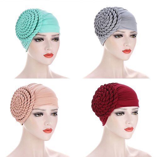 

Autumn Winter Muslim New Fashion Girl Side Big Flower Monochrome Turban Hat Solid Indian Practical Turban Hat