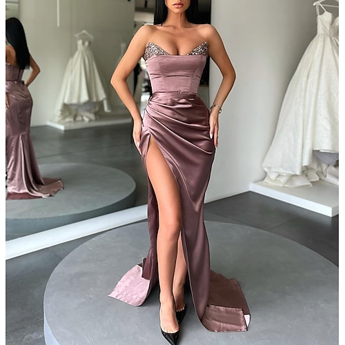 

Mermaid / Trumpet Evening Dresses Sexy Dress Prom Sweep / Brush Train Sleeveless Strapless Satin with Slit Pure Color 2022