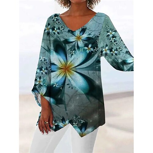 

Women's T shirt Tee Flower Casual Daily Holiday Floral T shirt Tee Long Sleeve Print V Neck Basic Essential Loose Green S / 3D Print