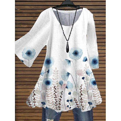 

Women's Plus Size Tops Blouse Shirt Leaf Print 3/4 Length Sleeve Crewneck Streetwear Daily Holiday Cotton Spandex Jersey Fall Winter Blue LightBlue