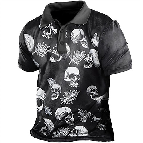 

Men's Collar Polo Shirt Golf Shirt Skull Turndown Black 3D Print Street Daily Short Sleeve 3D Button-Down Clothing Apparel Fashion Casual Breathable Comfortable / Beach