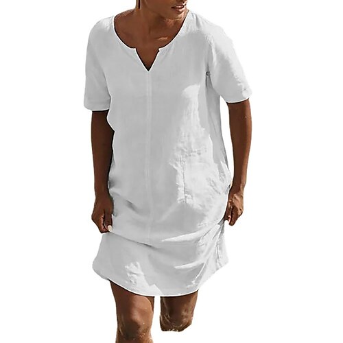 

Women's Shift Dress Knee Length Dress White Short Sleeve Pure Color Ruched Spring Summer V Neck Casual 2022 S M L XL XXL