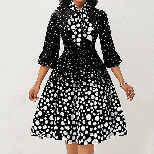 

Women's Swing Dress Knee Length Dress Black 3/4 Length Sleeve Polka Dot Ruched Print Fall Spring Round Neck Stylish Mature 2022 S M L XL XXL