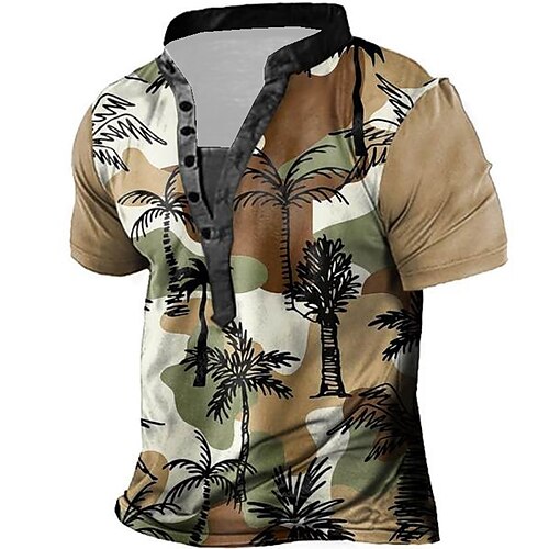 

Men's Henley Shirt Tee T shirt Tee 3D Print Graphic Patterned Coconut Tree Plus Size Stand Collar Daily Sports Button-Down Print Short Sleeve Tops Designer Basic Casual Big and Tall Gray Brown