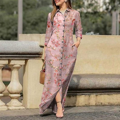 

Women's Casual Dress Shirt Dress Shift Dress Long Dress Maxi Dress Green Blue Pink Long Sleeve Floral Button Winter Fall Autumn Shirt Collar Mature Winter Dress Weekend Fall Dress Loose Fit 2022 S M