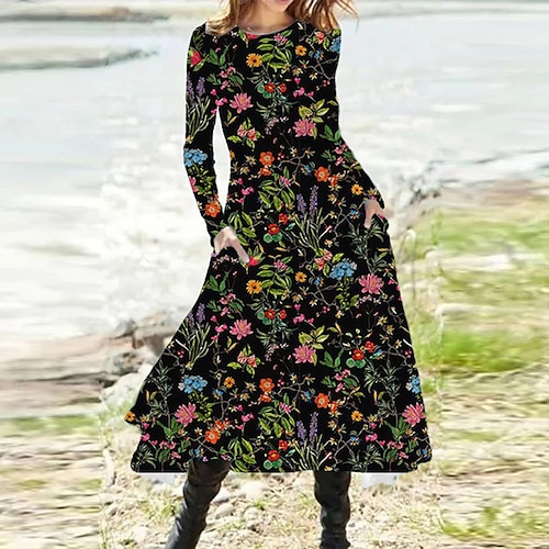 

Women's A Line Dress Midi Dress Black Long Sleeve Floral Pocket Print Fall Spring Round Neck Casual Vacation 2022 S M L XL XXL 3XL