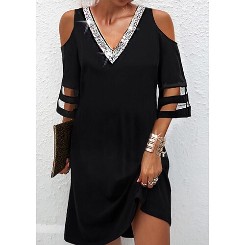 

Women's Shift Dress Mini Dress Black 3/4 Length Sleeve Pure Color Sequins Fall Spring Autumn V Neck Modern 2022 S M L XL XXL 3XL