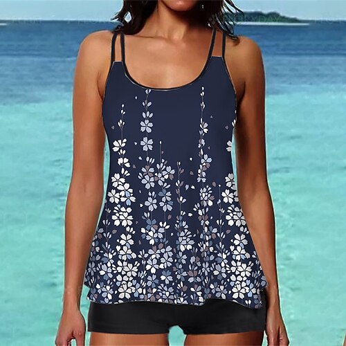 

Mulheres Roupa de Banho Tankini 2 partes Normal roupa de banho Estampado Floral Azul Marinha Camisola Com Alças Fatos de banho Esportivo Férias Moda / Sensual / Moderno / novo