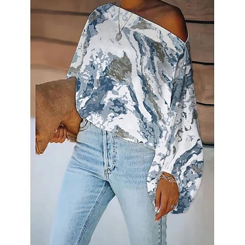 

Women's Shirt Graphic Patterned Abstract Daily Weekend Shirt Long Sleeve Print Off Shoulder Casual Streetwear Blue S / 3D Print