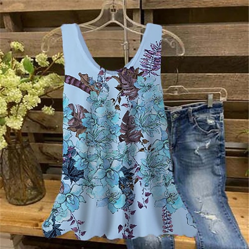 

Women's Plus Size Tops Tank Top Floral Butterfly Print Sleeveless V Neck Streetwear Daily Holiday Cotton Spandex Jersey Spring Summer White Blue
