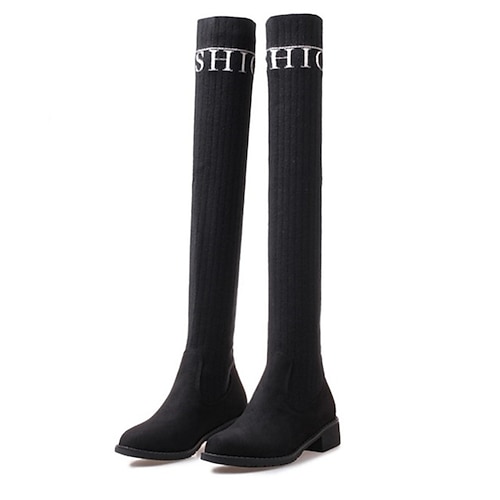 

Women's Boots Daily Sock Boots Over The Knee Boots Winter Chunky Heel Round Toe Sweet Nubuck Loafer Solid Colored Black