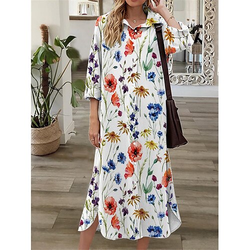 

Women's Shift Dress Midi Dress Green White Blue 3/4 Length Sleeve Floral Button Print Fall Spring Shirt Collar Casual Fashion 2022 S M L XL XXL 3XL