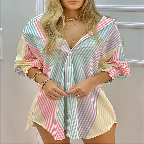 

Women's Shirt Blouse White Green Khaki Butterfly Striped Button Print Long Sleeve Daily Weekend Streetwear Casual V Neck Regular Butterfly S