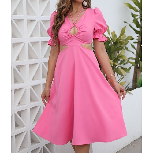 

Women's A Line Dress Knee Length Dress Green Pink Yellow Short Sleeve Pure Color Puff Sleeve Summer Halter Neck V Neck Casual Fashion Modern 2022 S M L XL