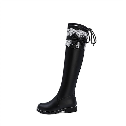 

Mulheres Botas Diário Botas Longas Inverno Laço Sem Salto Ponta Redonda Minimalismo Pele PU Mocassim Cor Sólida Preto Branco