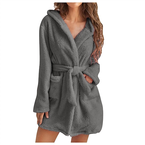 

Women's Pajamas Robes Gown Bathrobes Nighty Pure Color Comfort Soft Home Bed Polyester Warm Hoodie Long Sleeve Pocket Hoodie Fall Winter Black Gray