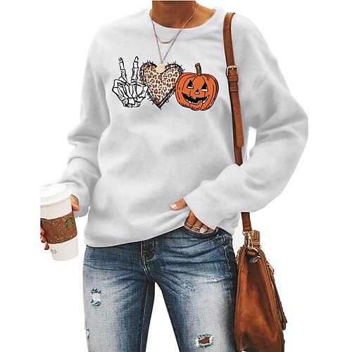 

Mujer Sudadera Pull-over Activo Víspera de Todos los Santos Estampado Negro Blanco Amarillo Cráneos Corazón Calabaza Víspera de Todos los Santos Escote Redondo Manga Larga
