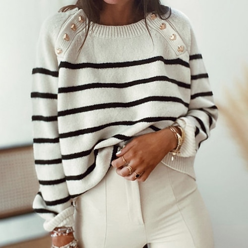 

Women's Pullover Sweater Jumper Ribbed Knit Knitted Button Striped Crew Neck Stylish Casual Daily Holiday Drop Shoulder Fall Winter White Black S M L / Long Sleeve / Regular Fit / Going out