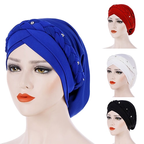 

High Quality Women Solid Color Head Scarf Turban with Rhinestone Braid Hijab Turbans Stretchy Muslim Headscarf Bonnet African Hat Ready To Wear Hijabs