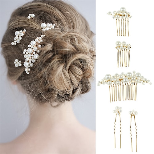 

Retro Baroque Big Pearl Hair Fork Bridal Hairpin Hairpin Comb Hair Insert European Design Wedding Headwear Hair Accessories Set