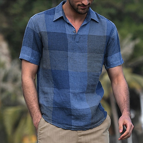 

Men's Shirt Plaid Turndown Street Daily Button-Down Short Sleeve Tops Casual Fashion Comfortable Royal Blue