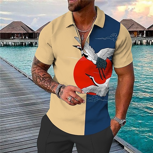 

Men's Collar Polo Shirt Golf Shirt Animal Crane Turndown Yellow 3D Print Outdoor Street Short Sleeves Zipper Print Clothing Apparel Fashion Designer Casual Breathable / Summer / Spring / Summer
