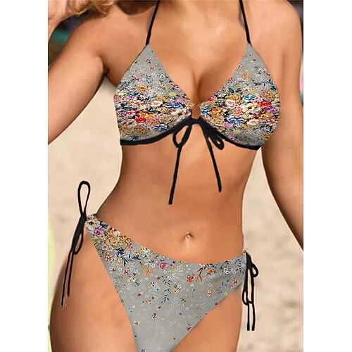 

Women's Swimwear Bikini 2 Piece Normal Swimsuit Halter Open Back Printing Flower Gray Halter V Wire Bathing Suits Sexy Vacation Fashion / Modern / New